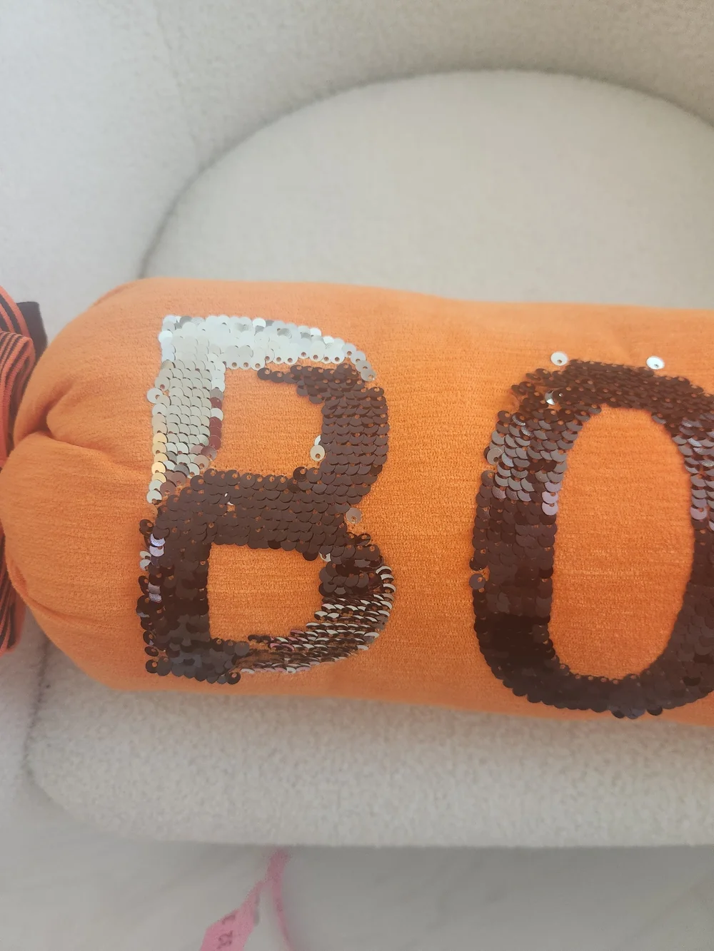Halloween BOO Orange  Bolster Pillow Sequin Black To Silver Wrapped Candy